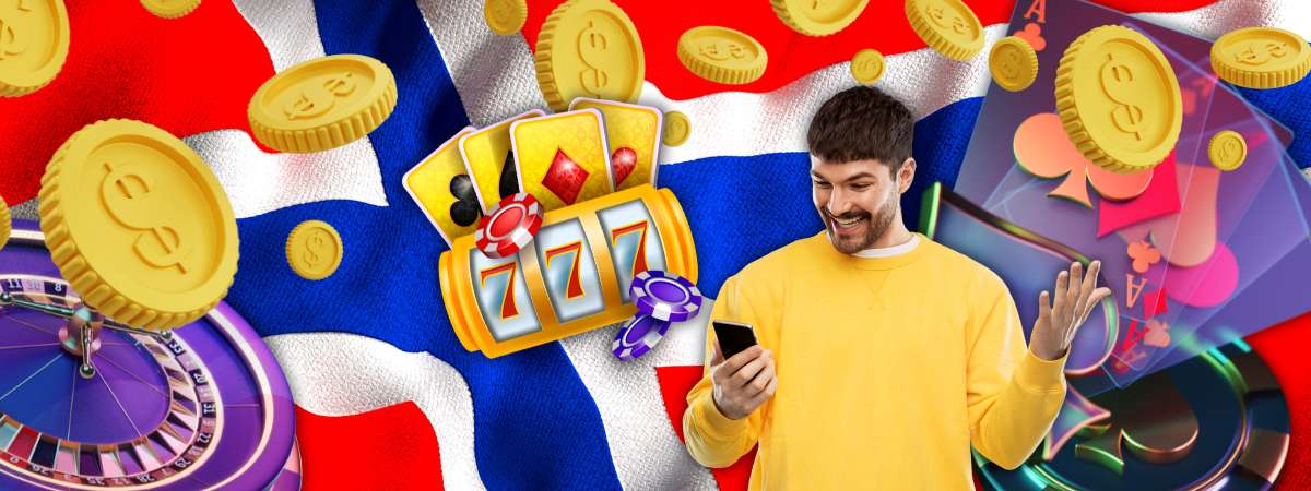 en fyr som holder mobiltelefonen og begeistret over gevinsten på et norsk nettcasino